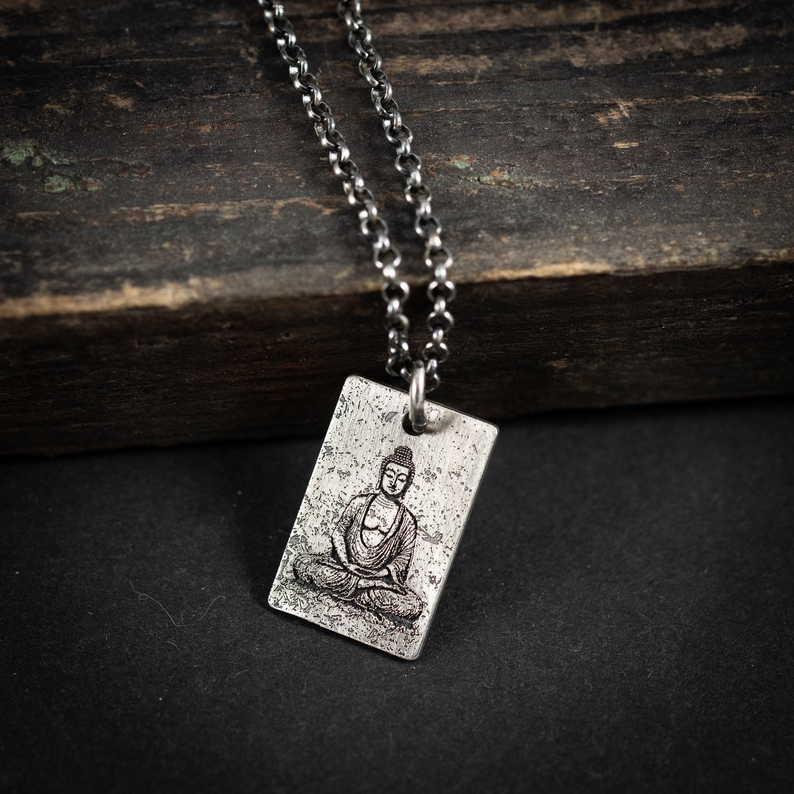 Buddha Meditation Silver Pendant Necklace Buddhist Yoga Handmade Spiritual Jewelry Mindfulnes Gift for Him Mens Necklace Anxiety Relief