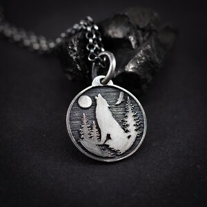Personalized Silver Moon Wolf Pendant Necklace for Men, Engraved Forest Animal Jewelry, Unique Nature Gift for Him, Men's Wolf Necklace image 3