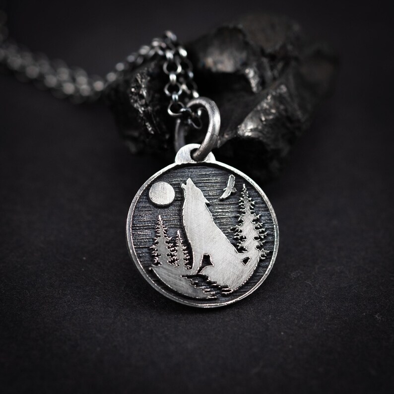 Personalized Silver Moon Wolf Pendant Necklace for Men, Engraved Forest Animal Jewelry, Unique Nature Gift for Him, Men's Wolf Necklace image 3