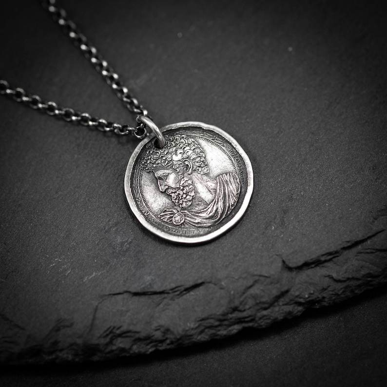 Silver Marcus Aurelius Roman emperor coin necklace, Ancient stoicism pendant, mens meditation gift, anxiety relief personalized jewelry image 3