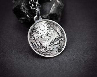 Nature landscape mountain silver Necklace, Deer Nature Outdoor adventure handmade jewelry, mens necklace, Personalized engraved Travel gift