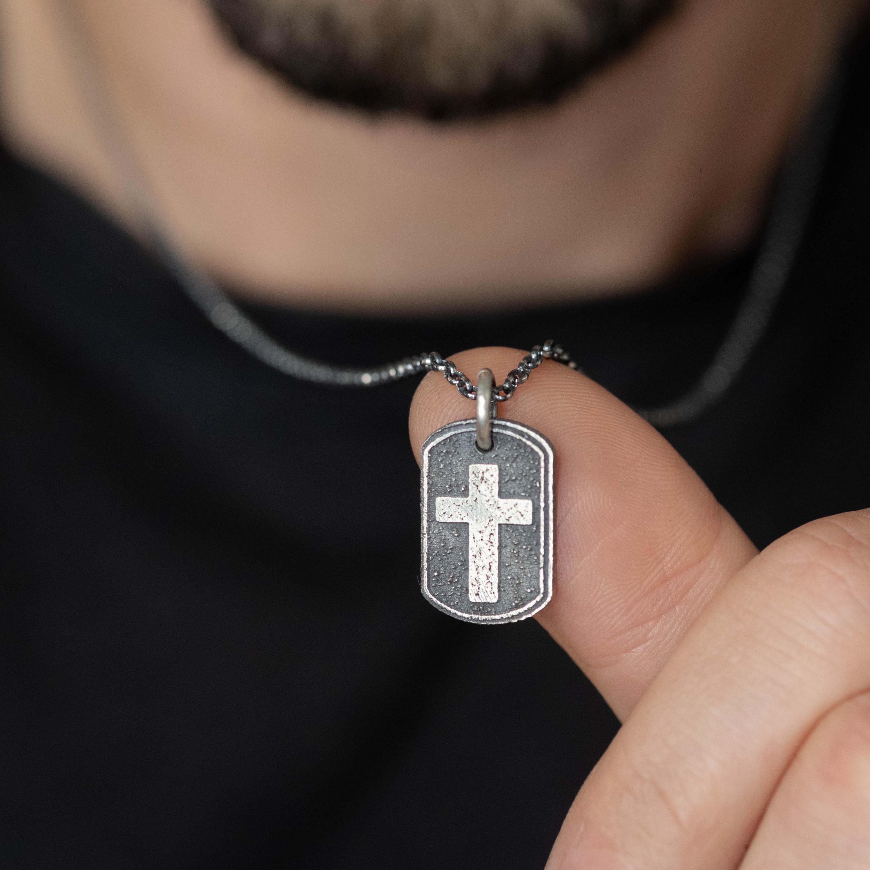 Sterling Silver Cross Dog Tag Necklace – Rustic Oxidized Christian