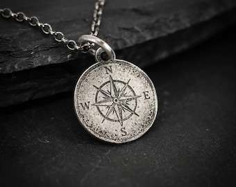 Sterling Silver Handmade Rustic Style Compass Necklace, Travel Engraved Pendant, Dainty Boho Jewelry