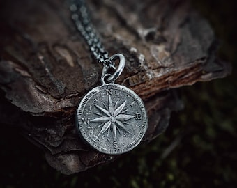 925 Silver Compass necklace for Men, Rustic Travel Pendant, Nautical Adventure Gift