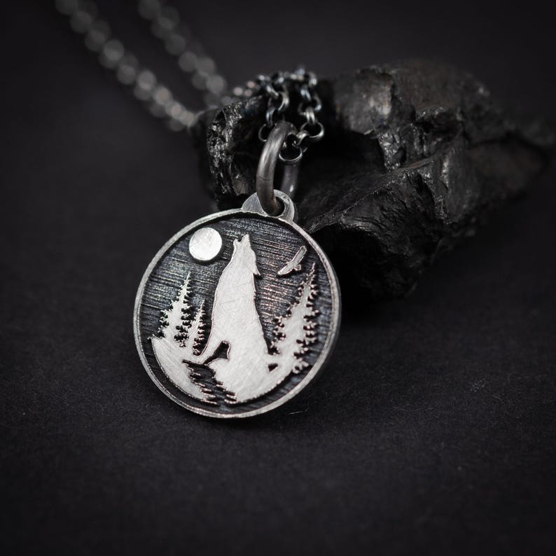 Personalized Silver Moon Wolf Pendant Necklace for Men, Engraved Forest Animal Jewelry, Unique Nature Gift for Him, Men's Wolf Necklace image 5