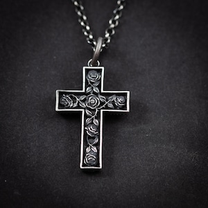 Christian Cross With Roses Mens necklace, Strength pendant necklace, Christian gifts, Handmade jewelry, Boyfriend gift, Christmas gift
