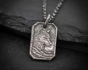 Mens Silver Wolf Moon Pendant Necklace, Wolf Silver Charm, Sterling Silver handmade jewelry, Animal nature wilderness Pendant