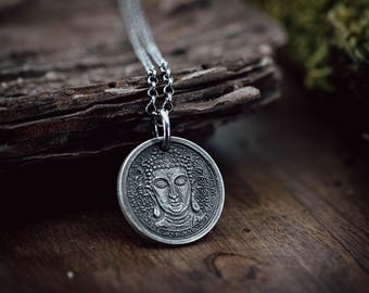 Sterling Silver Buddha Coin Pendant Necklace, Spiritual Meditation Anxiety relief Jewelry