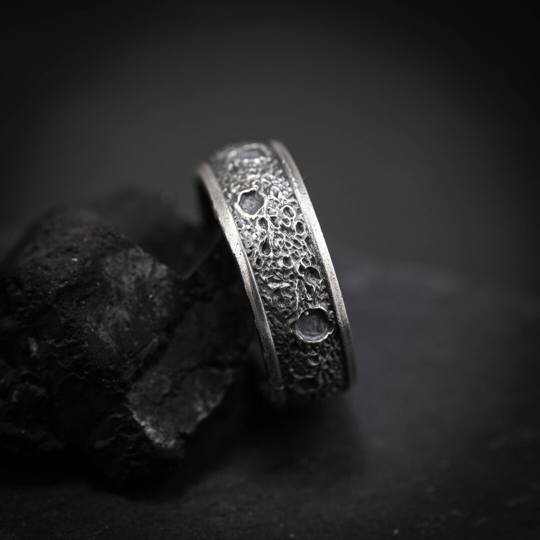 Mens Moon Surface Silver Ring, Handmade Lunar Band, Silver Moon