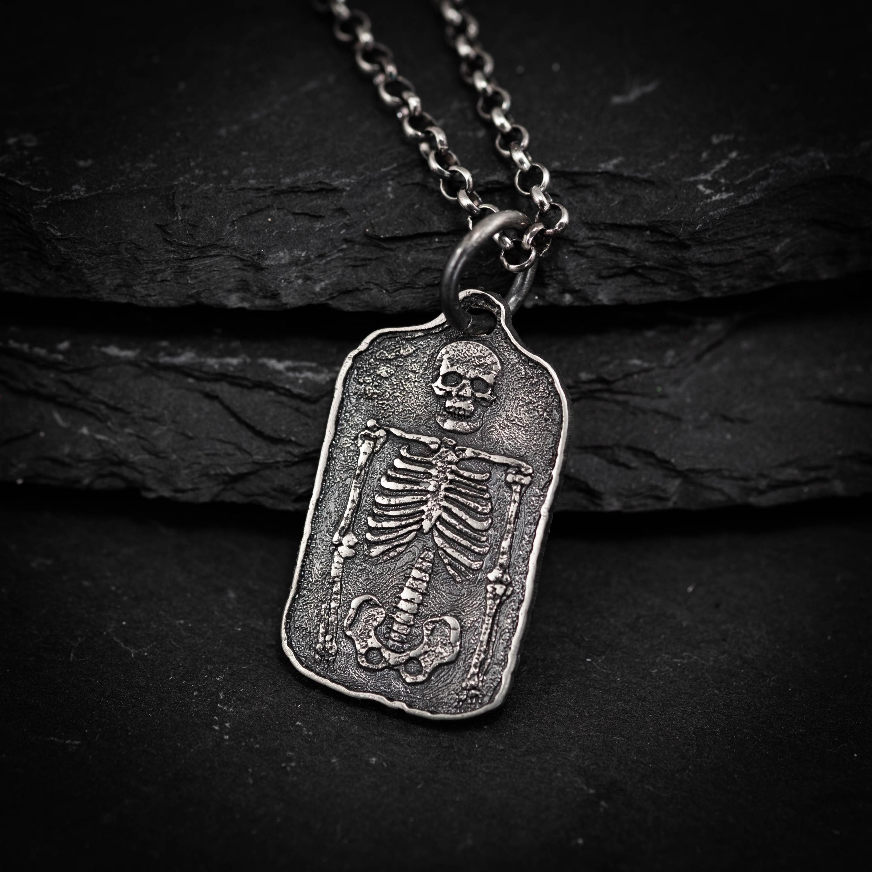 Echt 925 Sterling Silber Halskette  Knochen-Link Design Mit Totenkpfen  Bambus  Kette  55+5 Cm Human Skull Real