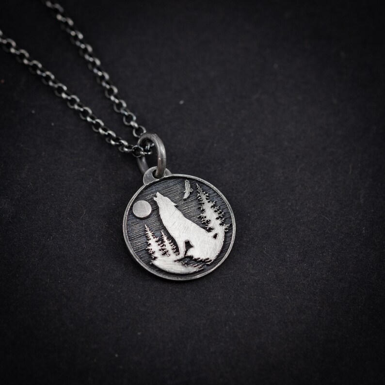 Personalized Silver Moon Wolf Pendant Necklace for Men, Engraved Forest Animal Jewelry, Unique Nature Gift for Him, Men's Wolf Necklace image 6
