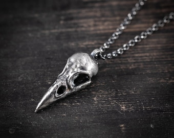 Silver Raven Skull Pendant Necklace – Gothic Bird Skull Jewelry