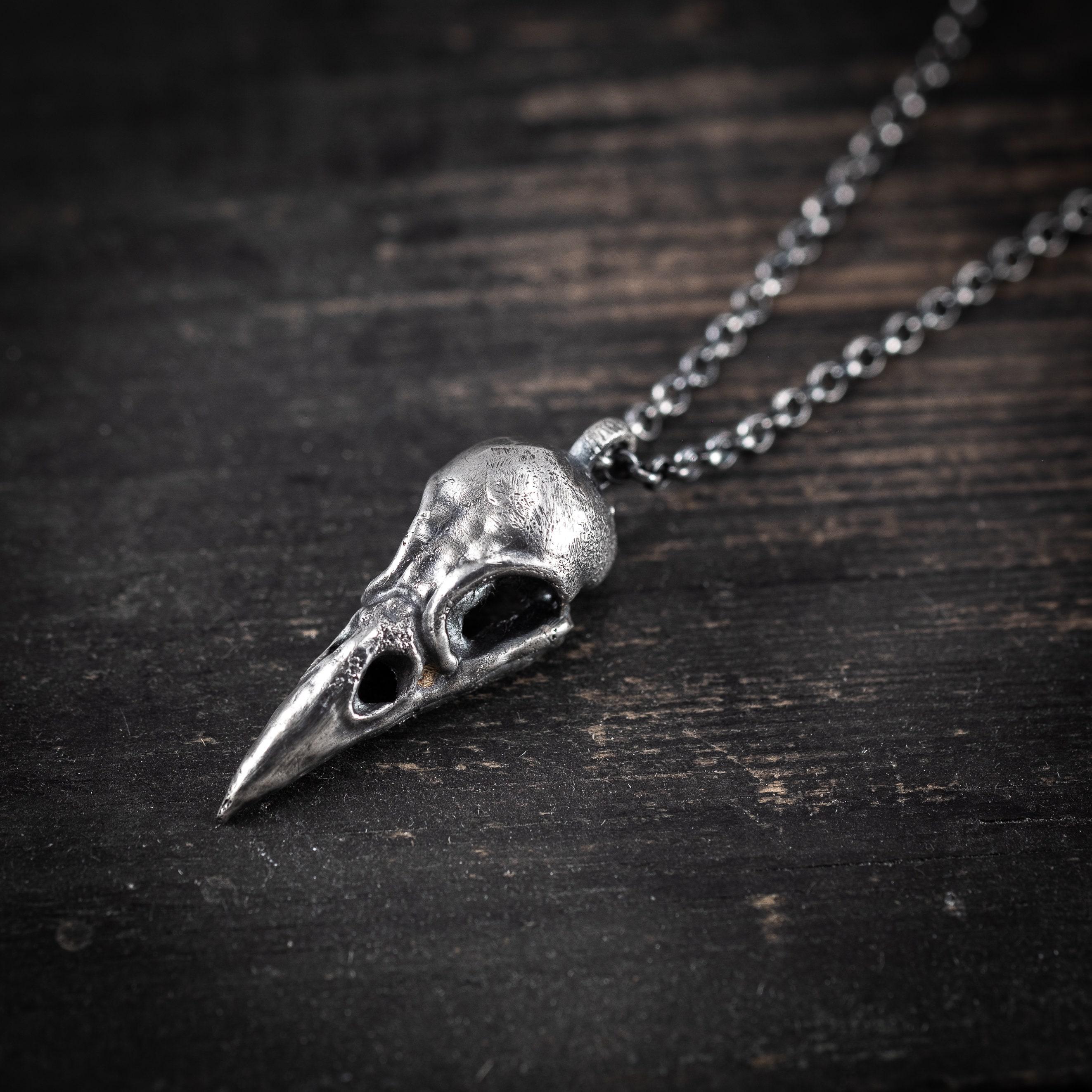 Silver Raven Skull Pendant Necklace – Gothic Bird Skull Jewelry