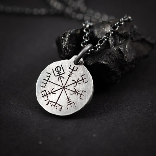 Silber Vegvisir Wikinger Kompass Anhänger Halskette, Silber Schmuck für Männer, Wikinger Kompass, Geschenk für Männer, personalisierte Halskette