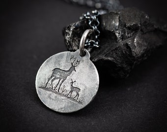 Hirsch Silber Tier Anhänger Halskette, personalisierte Wald Natur Schmuck, Weihnachtsgeschenke, gravierte Halskette, Geschenk für sie, Herren Halskette