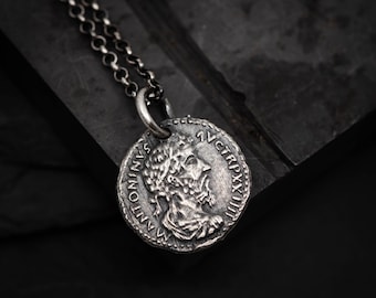 Marcus Aurelius Silver Handmade Coin Necklace, Engraved Vintage Historical Jewelry, Roman Stoic Philosophy Gift