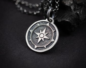 Silver Engraved Personalized Compass Pendant Necklace, Travel Minimalist Pendant Necklace, Modern Traveler Necklace