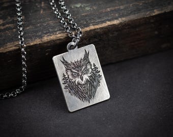 Sterling Silver Owl Necklace, Bird Pendant Jewelry, Unique Animal Necklace, Nature Gift for Women and Men