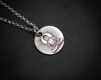 Silver Spiritual Masculine Buddha Meditation Pendant Necklace, Inspirational Peaceful Meditation Jewelry, Zen Amulet Necklace