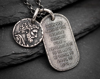 Silver Marcus Aurelius Quote Necklace, Personalized Ancient Stoic Roman Emperor Pendant, Mens Meditation Jewelry