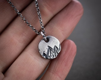 Rustic Circle Mountain Silver Necklace, Wanderlust Hiking Mens Adventure necklace, Travel Gifts, Mens pendant necklace, Handmade  jewelry