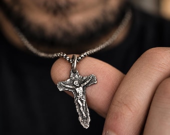 Silver Crucifix Pendant Necklace, Handmade Rustic Mens Jewelry, Unique Christian Gift