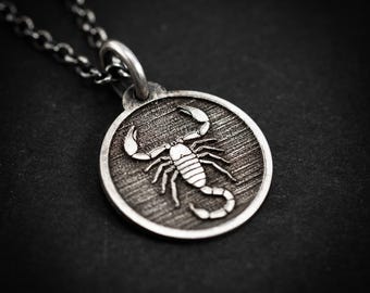 Rustic Handmade Silver Scorpio Pendant Necklace, Astrology Bohemian Zodiac Jewelry, Dark Mystical Scorpio Necklace