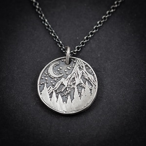 Silver Mountain Moon Pendant for Men – Outdoors Necklace, Nature Jewelry Gift
