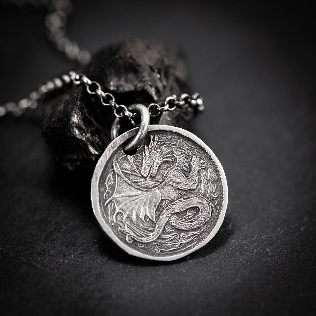 Ancient Dragon Silver Coin Pendant Necklace, Rustic Oxidized