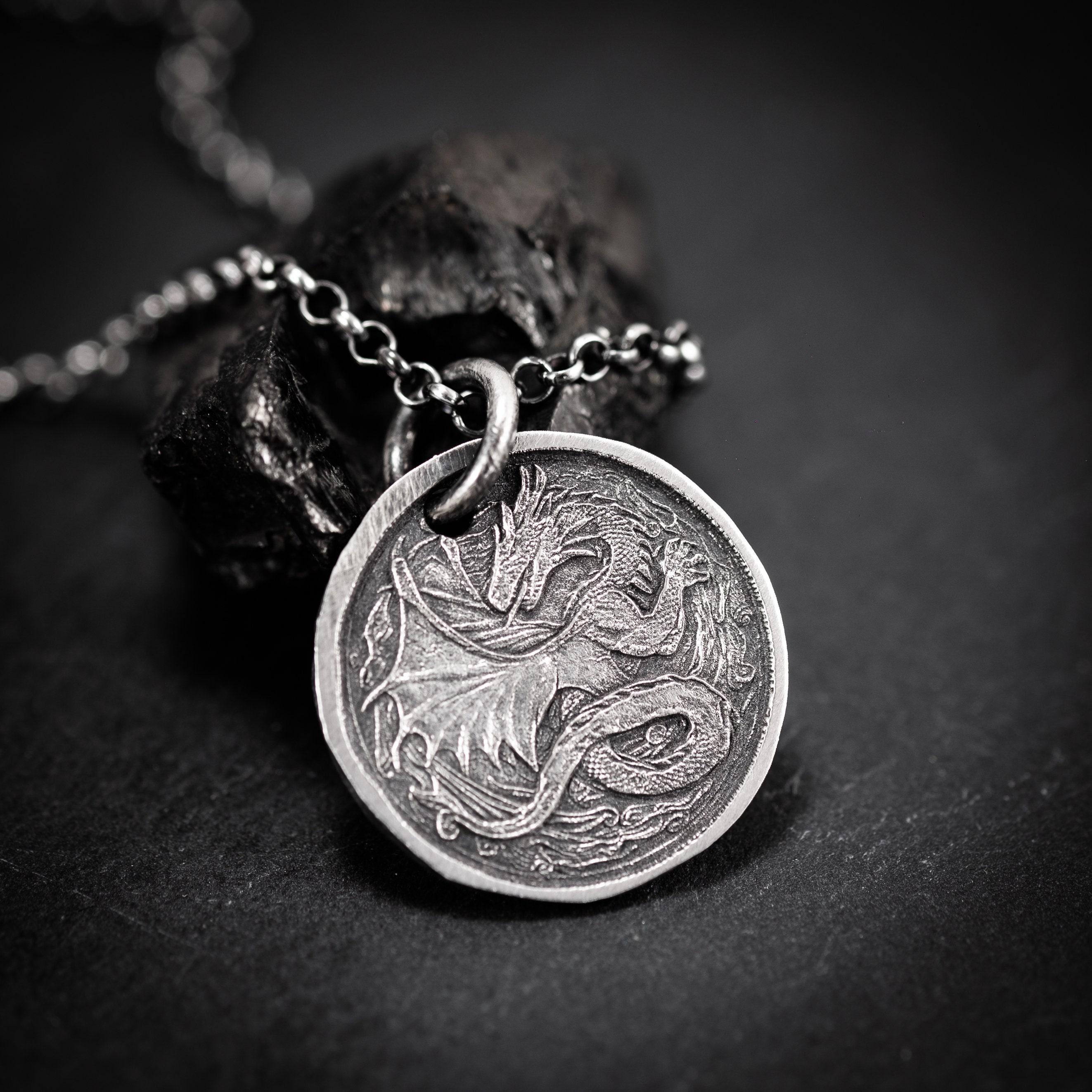 Ancient Dragon Silver Coin Pendant Necklace, Rustic Oxidized