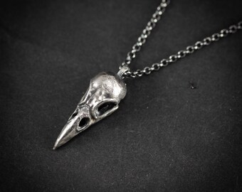 Colar com Pingente de Crânio de Corvo Prateado – Joia Gótica com Crânio de Pássaro para Homens, Presente Exclusivo para Amantes da Natureza e do Misticismo