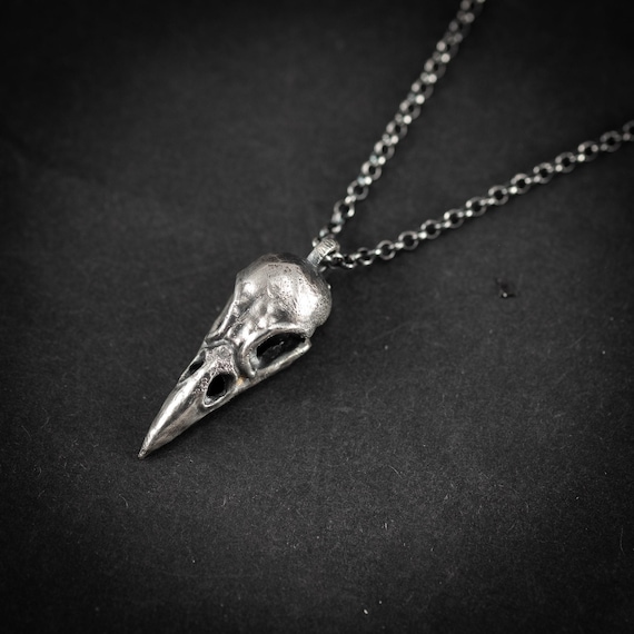 Silver Raven Skull Pendant Necklace – Gothic Bird Skull Jewelry