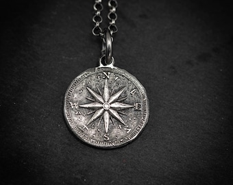 Sterling Silver Compass necklace for Men, Rustic Travel Pendant, Nautical Adventure Gift