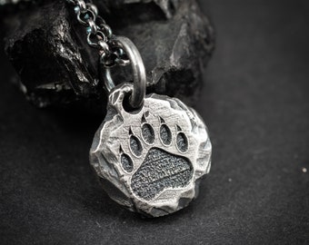 Bear Claw silver mens pendant necklace, Rustic Oxidized handmade forest nature jewelry, gift for him, Christmas gift, Paw print necklace