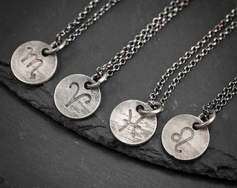 Zodiac  Astrology silver Necklace, zodiac gift necklace, Constellation Disk Necklace, rustic handmade sterling silver jewelry.