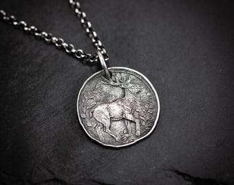 Personalized Silver Deer Coin Pendant, Nature Inspired Everyday Pendant Necklace, Outdoorsman Him Forest Charm