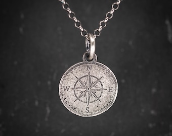 Rustic Compass Silver Necklace, Exploration Masculine Men's Necklace, Geometric Sailing Travel Pendant