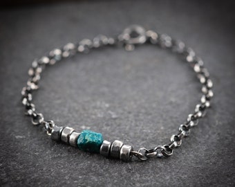Turquoise gemstone silver Chain bracelet, Unique boyfriend gift Rustic silver bracelet, Unique mens beaded bracelet,oxidized rustic jewelry