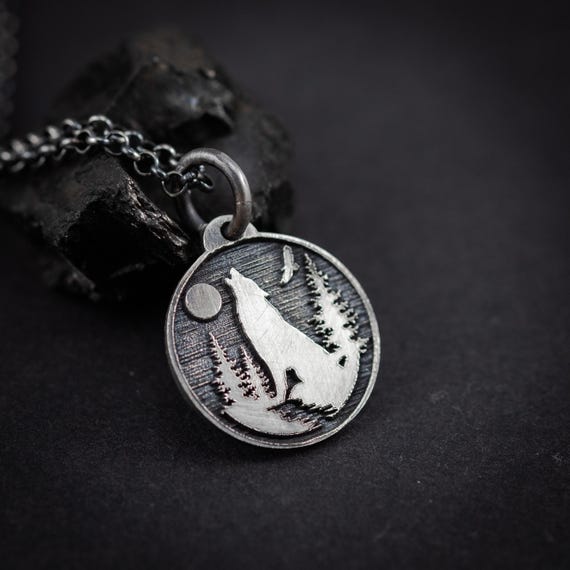 Personalized Silver Moon  Wolf Pendant Necklace for Men, Engraved Forest Animal Jewelry, Unique Nature Gift for Him, Men's Wolf Necklace