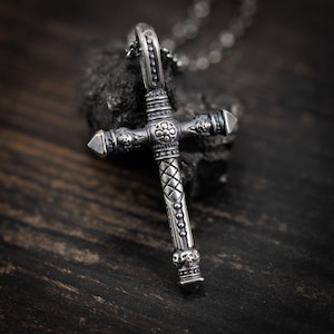Oxidized Mens Cross Silver pendant, Christian baptism gifts, Handmade jewelry, Boyfriend gift, Husband gift