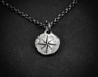 Rustic Silver Compass Necklace for Men, Adventure Pendant, Unique Travel Gift, Christmas Jewelry for Him