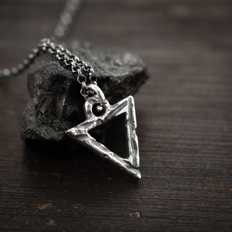 Boho Sterling silver Rustic Grometric Triangle pendant necklace, Unique gift for women or men, Oxidized jewelry image 3