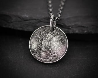 シルバーブッダコインペンダントネックレス、仏教ヨガハンドメイド 