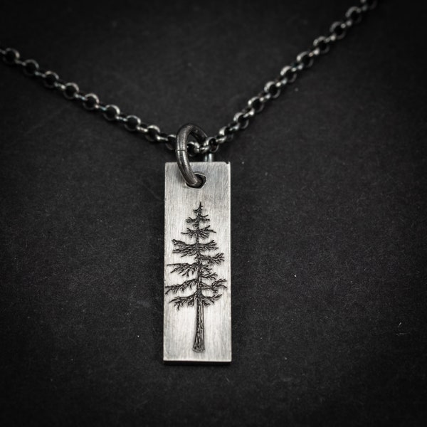 Silver Tree bar pendant necklace, Personalized forest nature jewelry, Christmas gifts, engraved necklace, gift for her, mens necklace