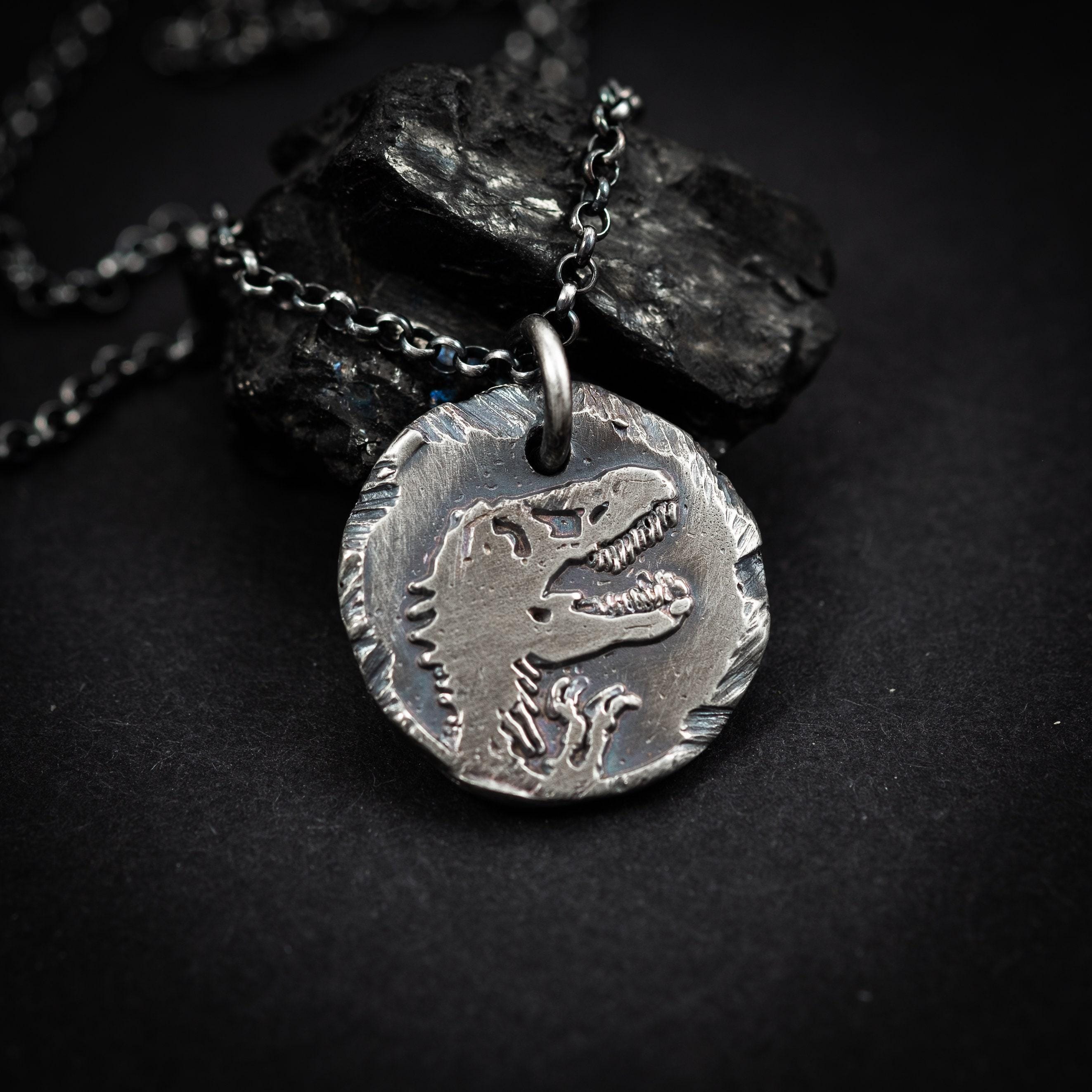 Dinosaur T-rex Silver Mens Pendant Necklace, Rustix Handmade