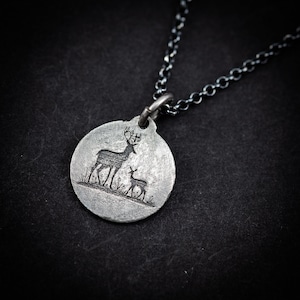 Deer Silver pendant necklace, handmade Mens animal Forest nature jewelry, Christmas gifts, engraved necklace, gift for her