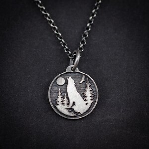 Personalized Silver Moon Wolf Pendant Necklace for Men, Engraved Forest Animal Jewelry, Unique Nature Gift for Him, Men's Wolf Necklace image 2