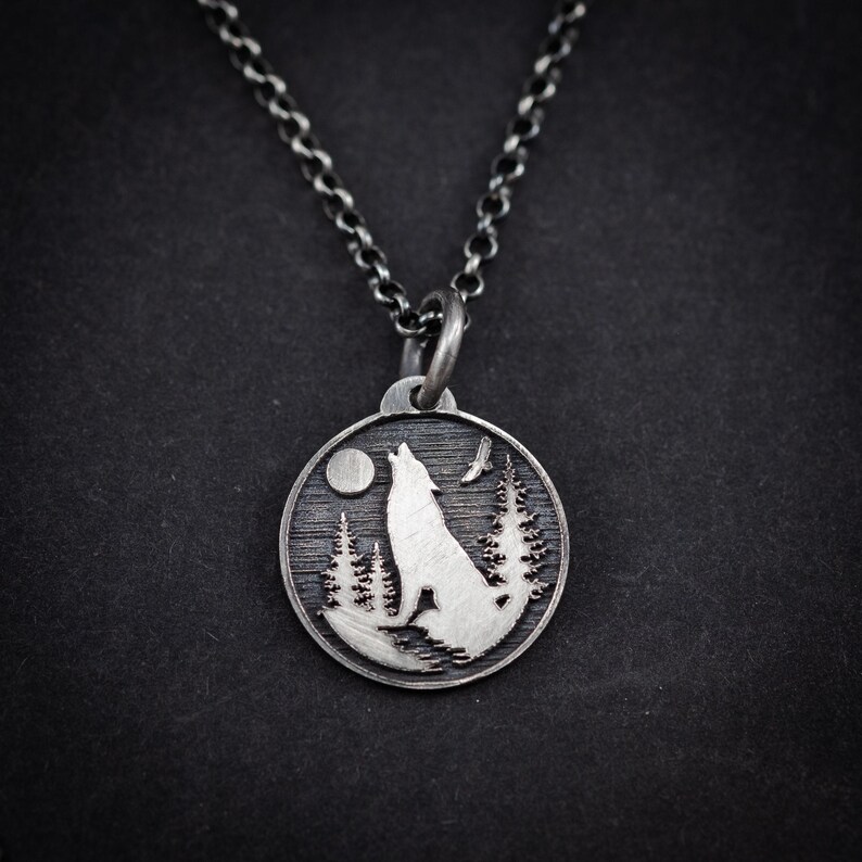 Personalized Silver Moon Wolf Pendant Necklace for Men, Engraved Forest Animal Jewelry, Unique Nature Gift for Him, Men's Wolf Necklace image 2