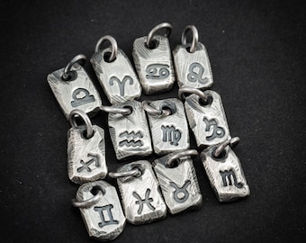 Zodiac sign silver rustic astrology necklace, mens horoscope pendant necklace, personalized jewelry, handmade unique silver constellation