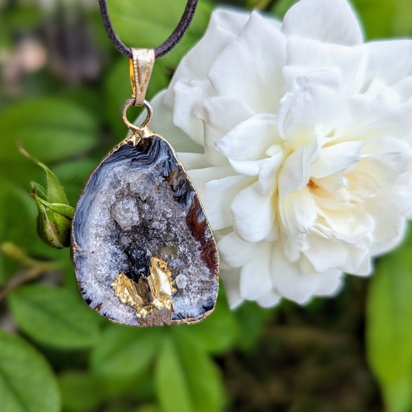 Beautiful 24k gold plated crystal pendant drop stone set on soft suede grey necklace cording. Large, sparkly statement piece & unique gift.